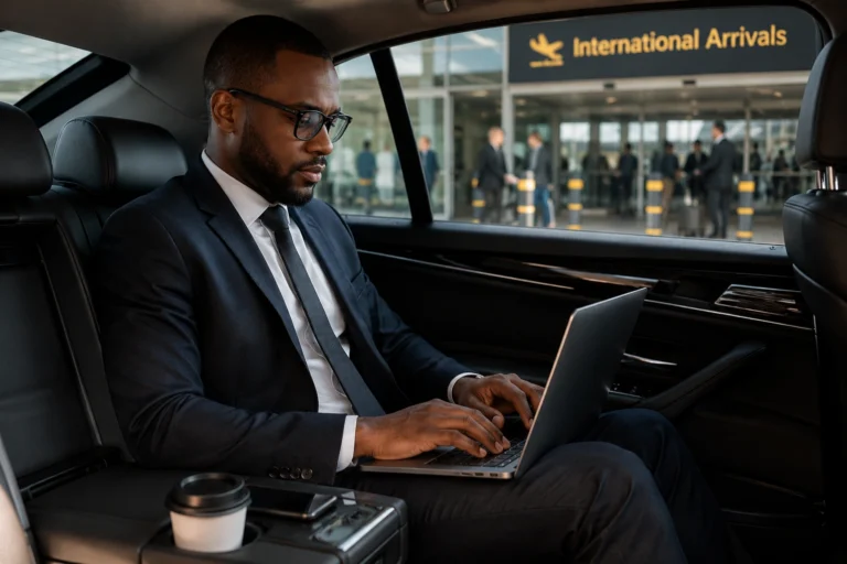 Business traveller working on a laptop inside a luxury chauffeur-driven vehicle outside the International Arrivals terminal at Jomo Kenyatta International Airport (JKIA), Nairobi.